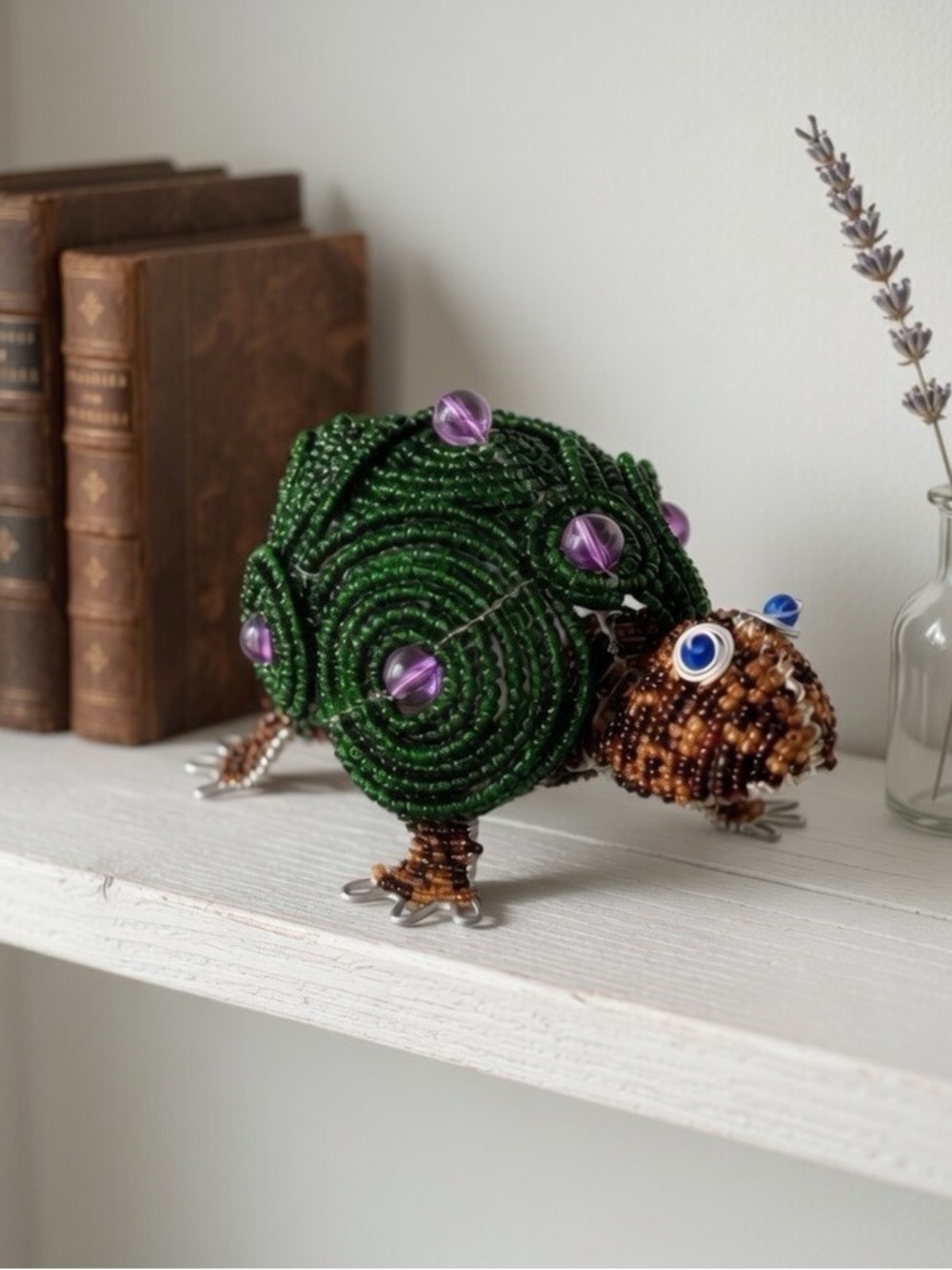 Beadworx Beaded Green Turtle Purple Accents Art Collectible Handmade Figurine